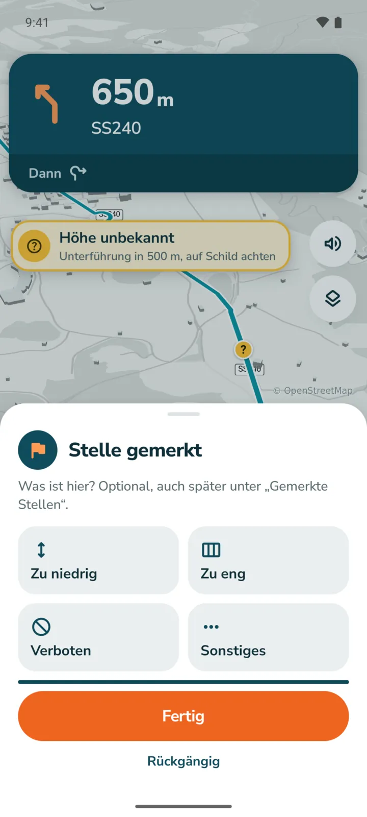 Melden während der Fahrt: Stelle gemerkt, Auswahl zu niedrig, zu eng, verboten oder sonstiges, Button Fertig.