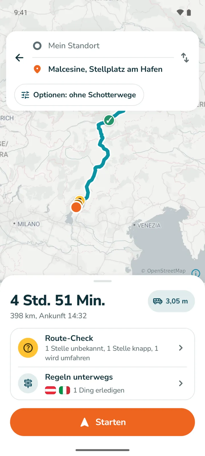 Route planen nach Malcesine am Gardasee: 4 Std. 51 Min. Route-Check: 1 Stelle unbekannt, 1 Stelle knapp, 1 wird umfahren. Regeln unterwegs für Österreich und Italien.