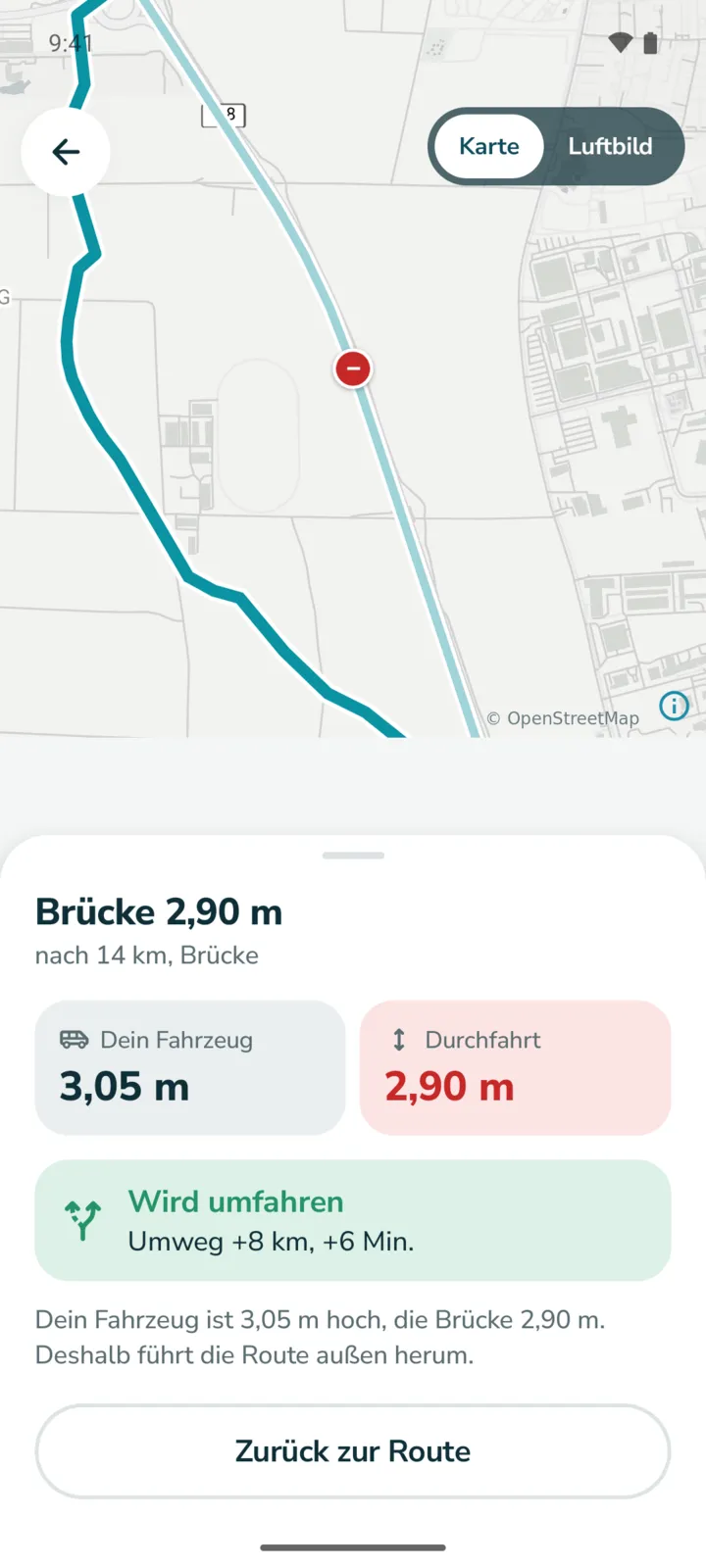 Stelle im Detail: Brücke 2,90 m, dein Fahrzeug 3,05 m. Wird umfahren, Umweg +8 km, +6 Min.