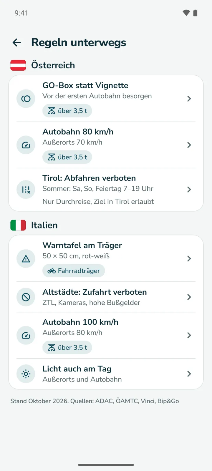 Regeln unterwegs: Österreich GO-Box statt Vignette, Autobahn 80 km/h über 3,5 t; Italien Warntafel am Fahrradträger, Altstädte mit Zufahrtsverbot, Autobahn 100 km/h über 3,5 t.