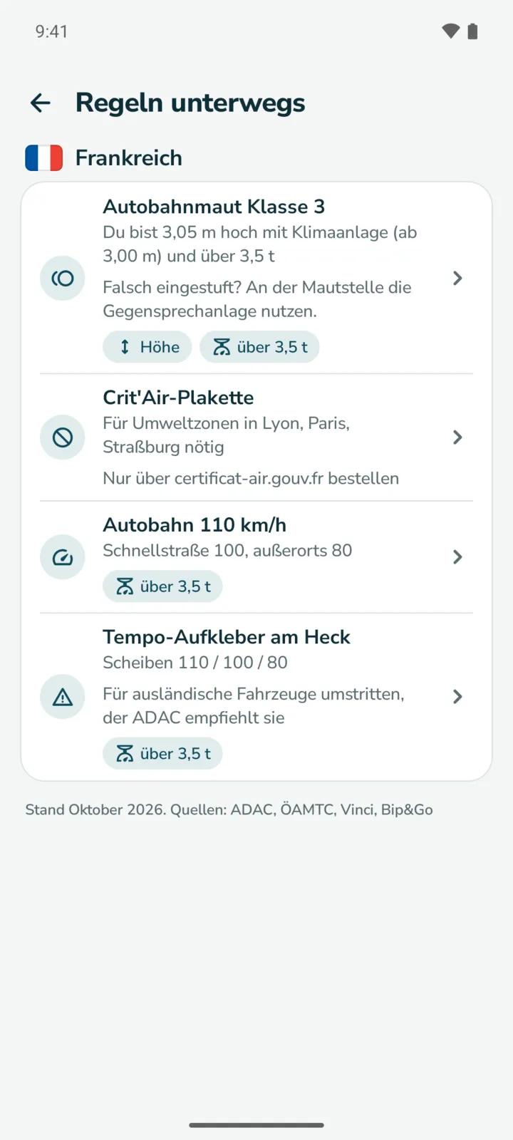 Regeln unterwegs Frankreich: Autobahnmaut Klasse 3, weil 3,05 m hoch mit Klimaanlage und über 3,5 t; Crit'Air-Plakette; Autobahn 110 km/h; Tempo-Aufkleber am Heck.